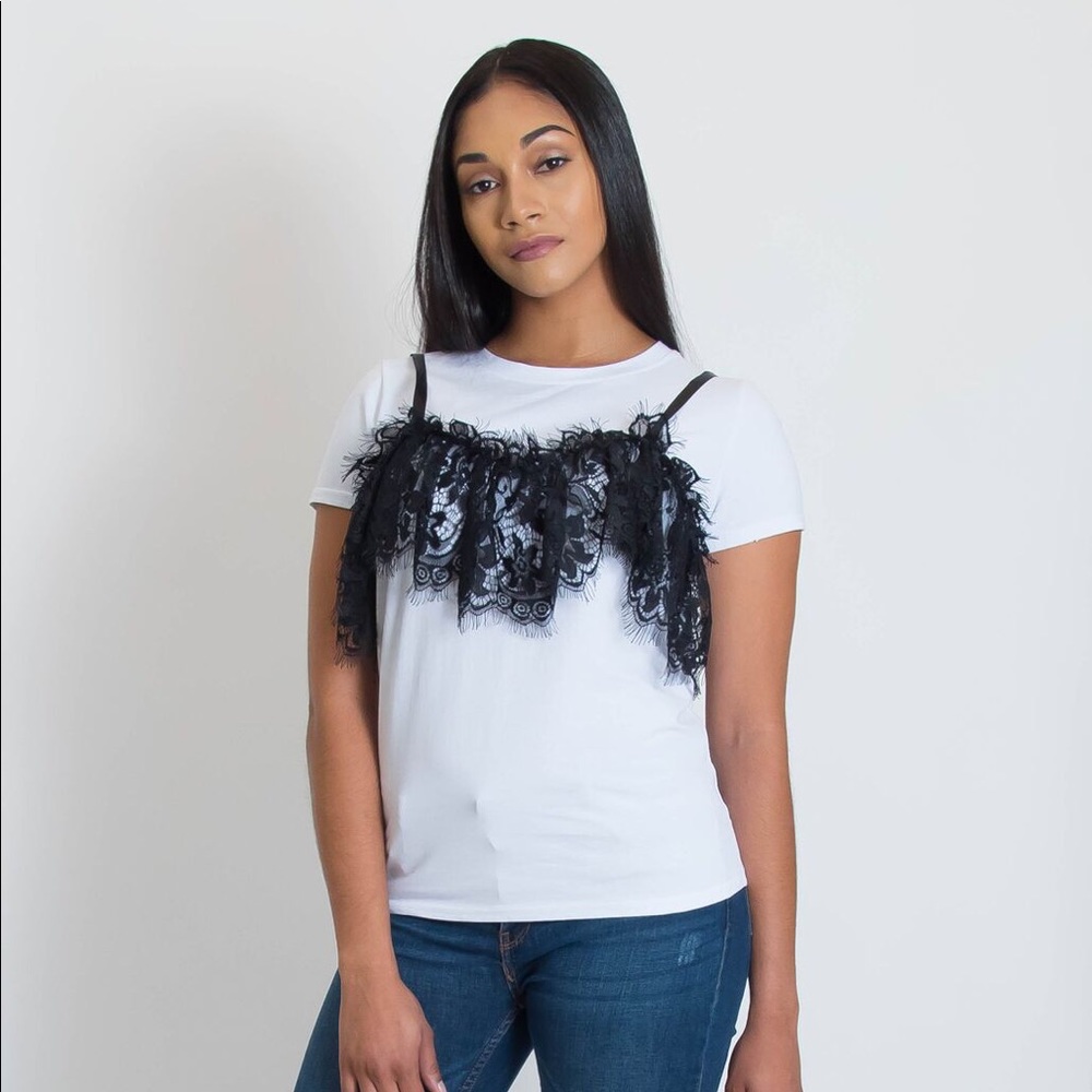 White Tee w/ black lace detail